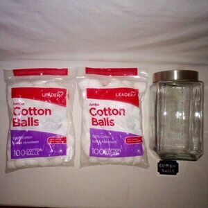 Large Glass Jar Storage w/ Lid with (200) Cotton Balls